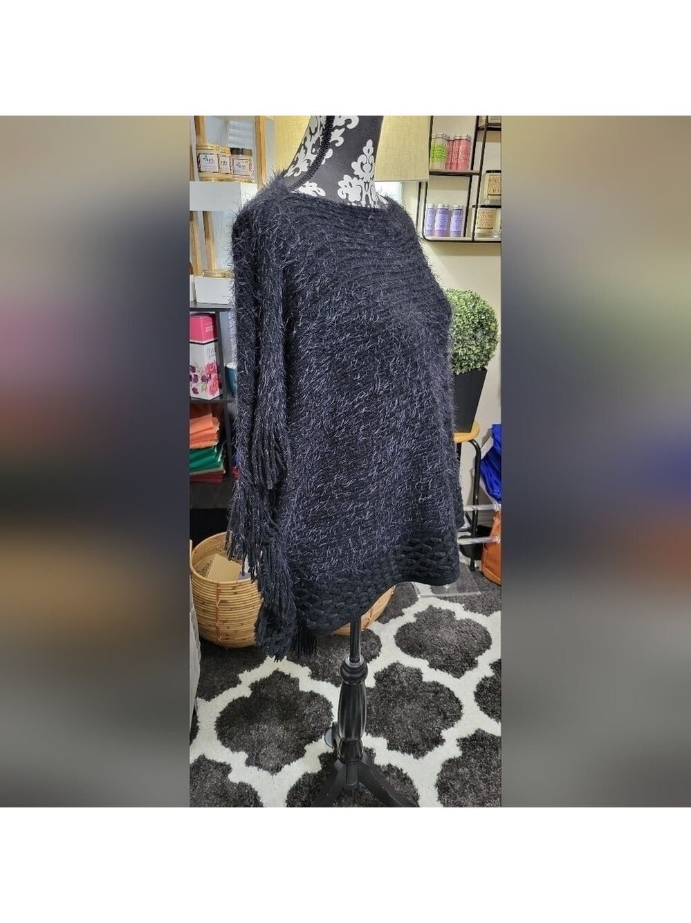 Black Textured Knit Poncho with Fringe Sides | Cozy Boho Fall & Winter Layer - Picture 3 of 7